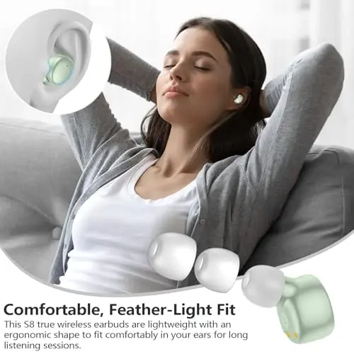 MOZOTER S8 Mini simsiz quloqchinlar Bluetooth 5.3 In Ear yengil vaznli naushniklar, 60 soatlik o'yin vaqti zaryadlash qutisi bilan, o'rnatilgan mikrofonli гарнитура, sport uchun chuqur basli premium ovoz-yashil - 11