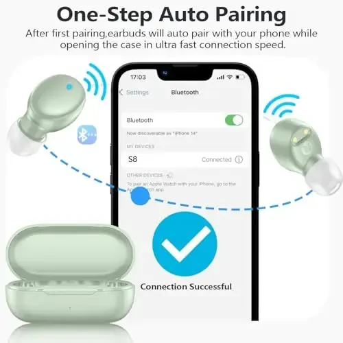 MOZOTER S8 Mini simsiz quloqchinlar Bluetooth 5.3 In Ear yengil vaznli naushniklar, 60 soatlik o'yin vaqti zaryadlash qutisi bilan, o'rnatilgan mikrofonli гарнитура, sport uchun chuqur basli premium ovoz-yashil - 2