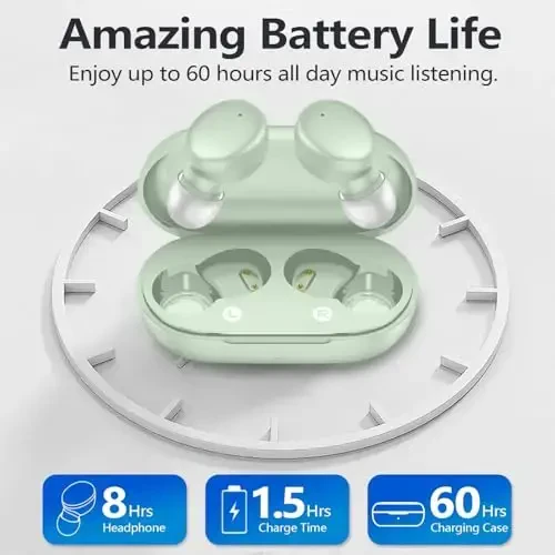 MOZOTER S8 Mini simsiz quloqchinlar Bluetooth 5.3 In Ear yengil vaznli naushniklar, 60 soatlik o'yin vaqti zaryadlash qutisi bilan, o'rnatilgan mikrofonli гарнитура, sport uchun chuqur basli premium ovoz-yashil - 4