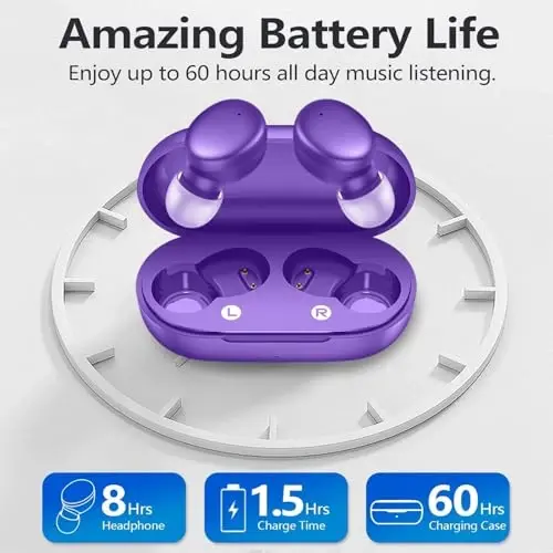 MOZOTER S8 Mini simsiz quloqchinlar Bluetooth 5.3 In Ear yengil vaznli naushniklar, 60 soatlik o'yin vaqti zaryadlash qutisi bilan quloq kurtaklari, Bluetooth garnituralari, sport uchun chuqur bassli premium ovoz-binafsha - 8