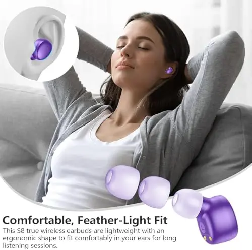 MOZOTER S8 Mini simsiz quloqchinlar Bluetooth 5.3 In Ear yengil vaznli naushniklar, 60 soatlik o'yin vaqti zaryadlash qutisi bilan quloq kurtaklari, Bluetooth garnituralari, sport uchun chuqur bassli premium ovoz-binafsha - 9