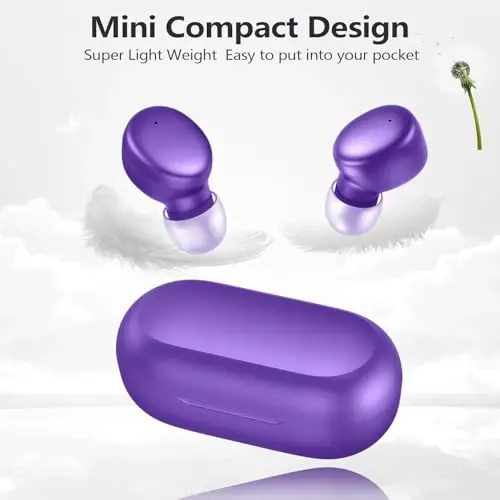 MOZOTER S8 Mini simsiz quloqchinlar Bluetooth 5.3 In Ear yengil vaznli naushniklar, 60 soatlik o'yin vaqti zaryadlash qutisi bilan quloq kurtaklari, Bluetooth garnituralari, sport uchun chuqur bassli premium ovoz-binafsha - 5