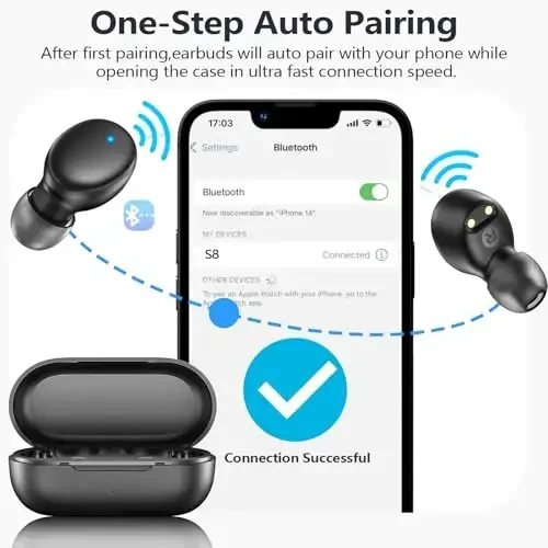 MOZOTER S8 Mini simsiz quloqchinlar Bluetooth 5.3 quloq ichidagi yengil vaznli naushniklar, 60 soatlik musiqa tinglash vaqti zaryadlash qutisi bilan, aqlli uzuk, fitnes trekeri Sport uchun chuqur basli premium ovoz-qora - 2