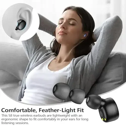 MOZOTER S8 Mini simsiz quloqchinlar Bluetooth 5.3 quloq ichidagi yengil vaznli naushniklar, 60 soatlik musiqa tinglash vaqti zaryadlash qutisi bilan, aqlli uzuk, fitnes trekeri Sport uchun chuqur basli premium ovoz-qora - 5