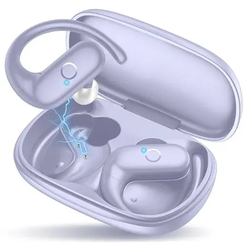 MOZOTER simsiz quloqchinlar Bluetooth naushniklari Sport, Chuqur Bass ovozli quloqchinlar, 60 soatlik o'yin vaqti Quloq ilgaklari bilan qayta ishlangan qulay moslashuv Yugurish, Uchrashuv, Mashq qilish uchun - Binafsha 