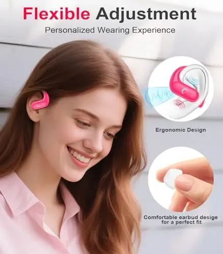 MOZOTER Wireless Earbuds Bluetooth 5.3 Headphones Sport,Over Ear Buds with Deep Bass Sound,60Hrs Playtime Earphones Redesigned Comfort Fit with Earhooks for Running,Meeting,Workout-Pink - 3