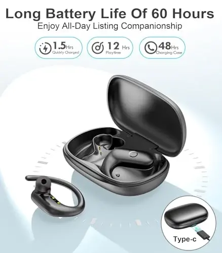 MOZOTER Wireless Earbuds Bluetooth Headphones Sport,Over Ear Buds with Deep Bass Sound,60Hr Playtime Earphones Redesigned Comfort Fit with Earhooks for Running,Meeting,Workout-Black - 4