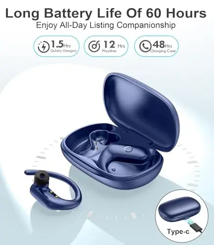 MOZOTER Wireless Earbuds Bluetooth Headphones Sport,Over Ear Buds with Deep Bass Sound,60Hrs Playtime Earphones Redesigned Comfort Fit with Earhooks for Running,Meeting,Workout- Blue - 4