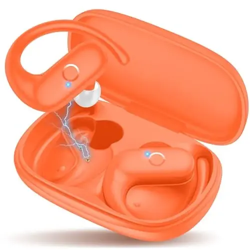 MOZOTER Wireless Earbuds Bluetooth Headphones Sport,Over Ear Buds with Deep Bass Sound,60Hrs Playtime Earphones Redesigned Comfort Fit with Earhooks for Running,Meeting,Workout- Orange - MOZOTER