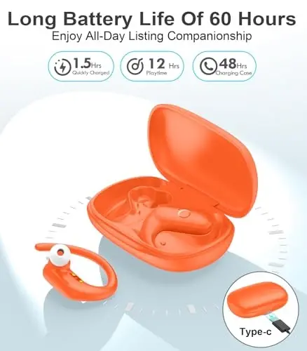 MOZOTER Wireless Earbuds Bluetooth Headphones Sport,Over Ear Buds with Deep Bass Sound,60Hrs Playtime Earphones Redesigned Comfort Fit with Earhooks for Running,Meeting,Workout- Orange - 4