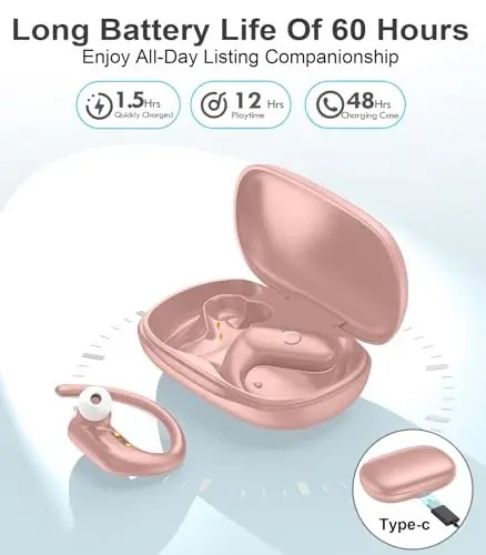 MOZOTER Wireless Earbuds Bluetooth Headphones Sport,Over Ear Buds with Deep Bass Sound,60Hrs Playtime Earphones Redesigned Comfort Fit with Earhooks for Running,Meeting,Workout- Pure Pink - 4