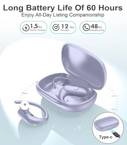 MOZOTER Wireless Earbuds Bluetooth Headphones Sport,Over Ear Buds with Deep Bass Sound,60Hrs Playtime Earphones Redesigned Comfort Fit with Earhooks for Running,Meeting,Workout- Purple - 4
