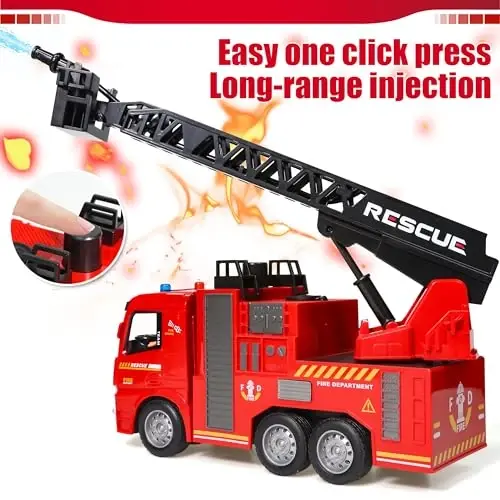 MQDMINI Remote Control Fire Truck Toy - Fireman Fire Truck with Jet Pump and Lights, Red Toy for 3 Year Old Boys, Girls and Toddlers - 2