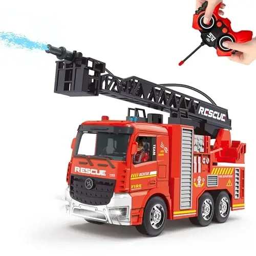 MQDMINI Remote Control Fire Truck Toy - Fireman Fire Truck with Jet Pump and Lights, Red Toy for 3 Year Old Boys, Girls and Toddlers - MQDMINI