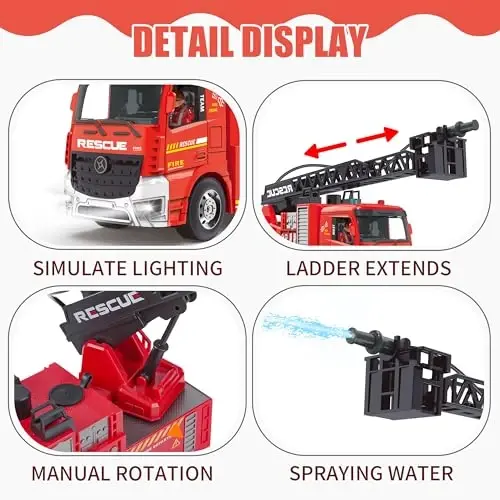 MQDMINI Remote Control Fire Truck Toy - Fireman Fire Truck with Jet Pump and Lights, Red Toy for 3 Year Old Boys, Girls and Toddlers - 3