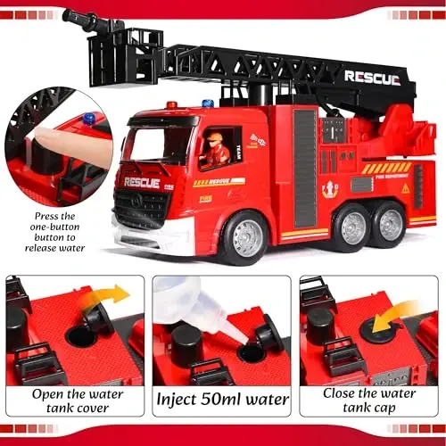 MQDMINI Remote Control Fire Truck Toy - Fireman Fire Truck with Jet Pump and Lights, Red Toy for 3 Year Old Boys, Girls and Toddlers - 4