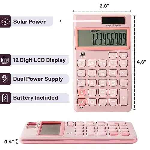 Mr. Pen - Standard Function Solar Calculator, 12 Digits, Light Pink, Pocket Size - MR. PEN (1)