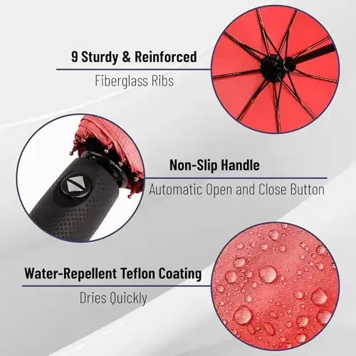 Mr. Pen- Windproof Travel Umbrella, Radiant Rouge, Automatic Umbrellas for Rain, Compact Umbrella, Travel Umbrella Compact, Umbrella Windproof Umbrella, Umbrellas for Rain Windproof, Portable Umbrella - 2