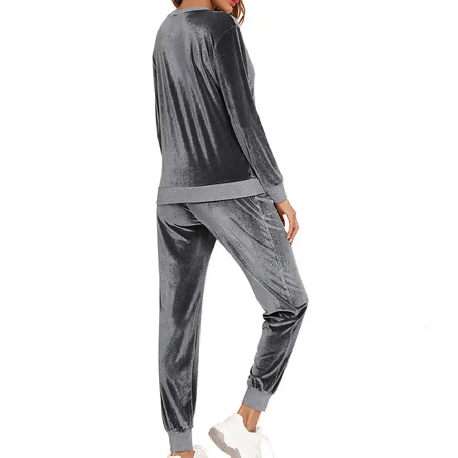 Mrat Fall Pullover Set Sport kostyumlari Ayollar Velur sport kostyumi Kundalik Uy kiyimi 2 qismli Jogging kostyumlari Velvet Pullover Solid Kundalik kostyumlar S-63 kulrang XXL - 4