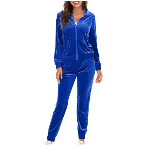 Mrat Womens Velour Tracksuit Two Piece Outfits for Women Long Sleeve Hooded Zip Tops Jogging Velvet Sportswear S-63 Blue L- - 1