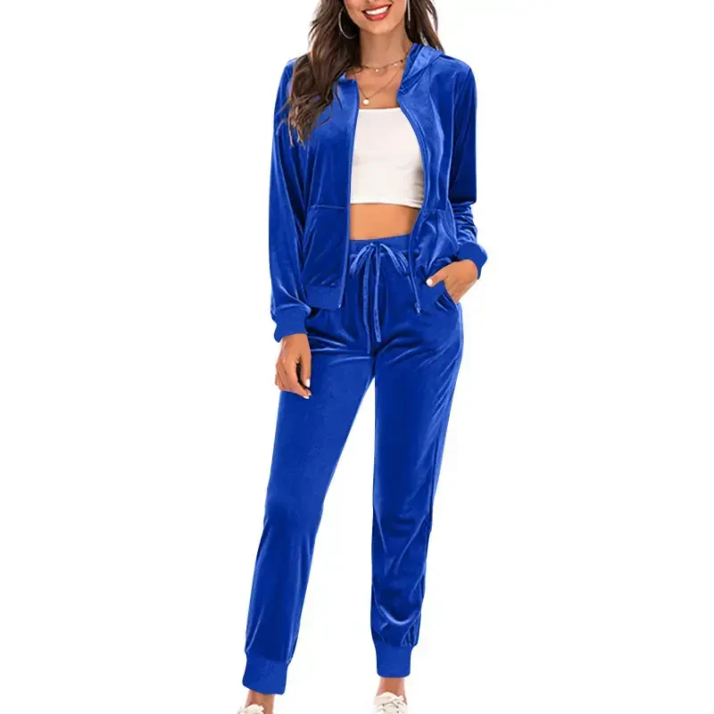 Mrat Womens Velour Tracksuit Two Piece Outfits for Women Long Sleeve Hooded Zip Tops Jogging Velvet Sportswear S-63 Blue L- - 4
