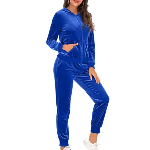 Mrat Womens Velour Tracksuit Two Piece Outfits for Women Long Sleeve Hooded Zip Tops Jogging Velvet Sportswear S-63 Blue L - 5