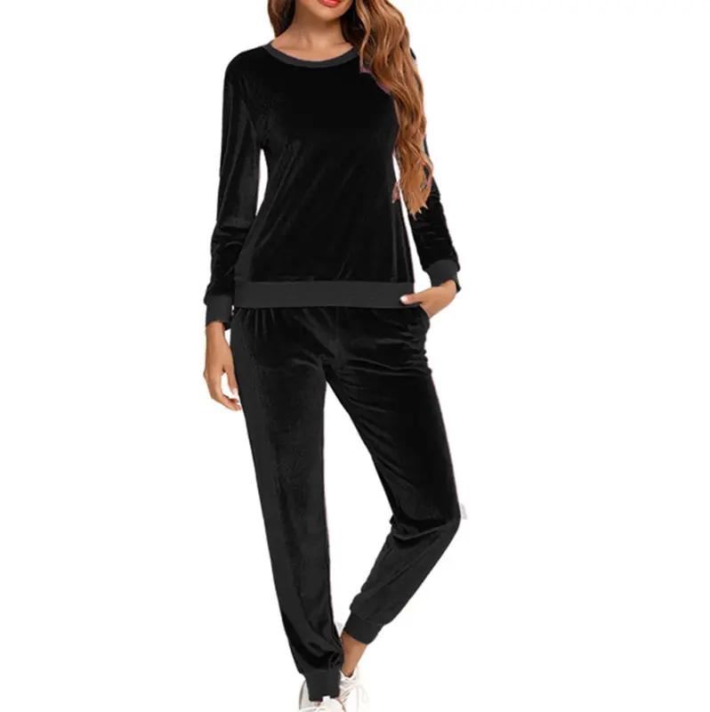 Mrat Running Outfits Set Tracksuit Sets Womens Velour Sweatsuit Casual Loungwear 2 Piece Jogging Suits Velvet Pullover Solid Casual Sets S-63 Black XXL - 1