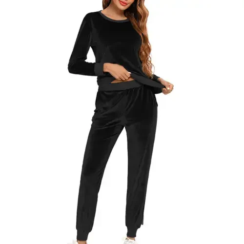 Mrat Running Outfits Set Tracksuit Sets Womens Velour Sweatsuit Casual Loungwear 2 Piece Jogging Suits Velvet Pullover Solid Casual Sets S-63 Black XXL - 4