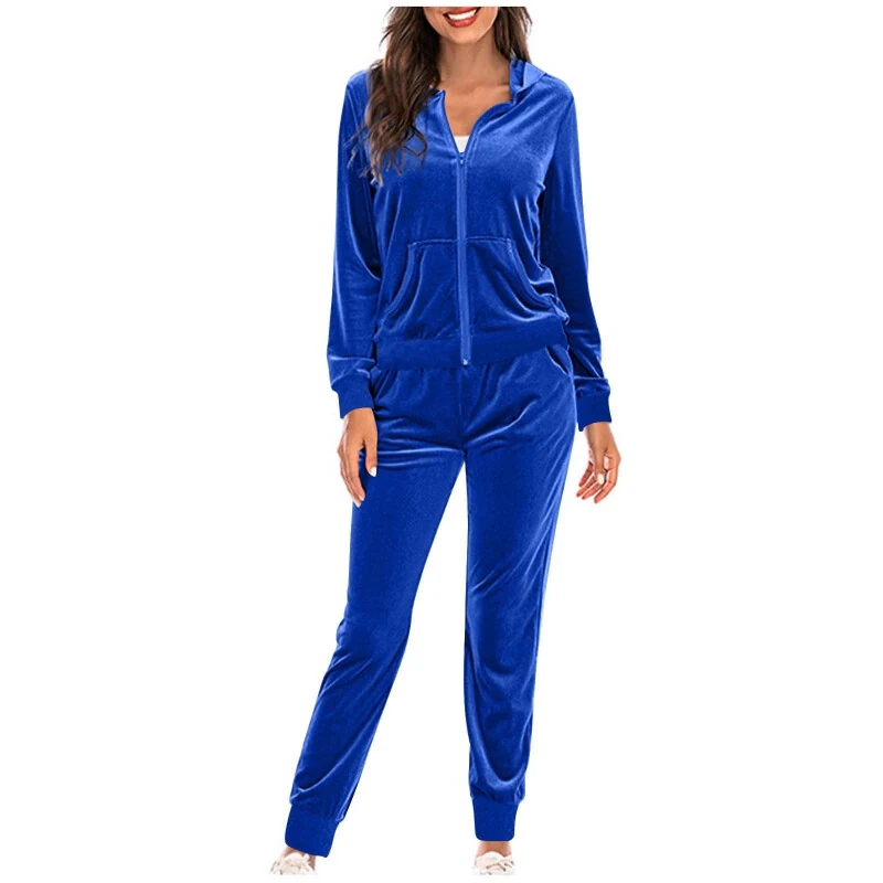 Mrat Womens Velour Tracksuit Ayollar uchun uzun qisma kapüşonlu fermuarlı jogger baxmal sport kostyumi S-63 Moviy L - FASESH