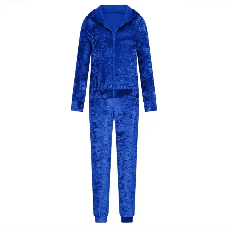 Mrat Womens Velour Tracksuit Two Piece Outfits for Women Long Sleeve Hooded Zip Tops Jogging Velvet Sportswear S-63 Blue L - 3