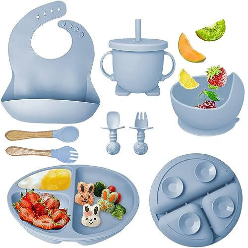 Mrkyy Silicone Baby Feeding Set, Baby Led Weaning Supplies with Suction Bowl Divided Plate, Toddler Self Feeding Dish Set with Spoons Forks Sippy Cup Adjustable Bib, Baby Eating Utensils (Grey Blue) - 1