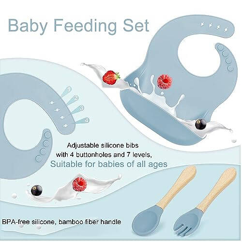 Mrkyy Silicone Baby Feeding Set, Baby Led Weaning Supplies with Suction Bowl Divided Plate, Toddler Self Feeding Dish Set with Spoons Forks Sippy Cup Adjustable Bib, Baby Eating Utensils (Grey Blue) - 2