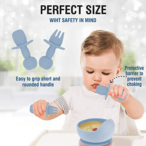 Mrkyy Silicone Baby Feeding Set, Baby Led Weaning Supplies with Suction Bowl Divided Plate, Toddler Self Feeding Dish Set with Spoons Forks Sippy Cup Adjustable Bib, Baby Eating Utensils (Grey Blue) - 6