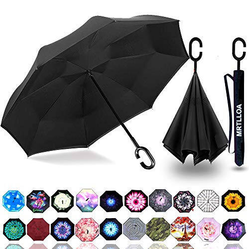 MRTLLOA 40/49/56 Inch Oversize Windproof Inverted Reverse Upside Down Umbrella, Golf Size Rain Umbrella, Double Layer, C-Shaped Handle for Men, Women and Kids(Black, 49 Inch) - 1