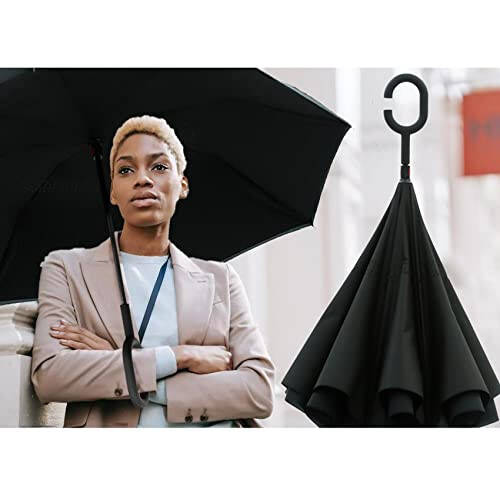 MRTLLOA 40/49/56 Inch Oversize Windproof Inverted Reverse Upside Down Umbrella, Golf Size Rain Umbrella, Double Layer, C-Shaped Handle for Men, Women and Kids(Black, 49 Inch) - 2