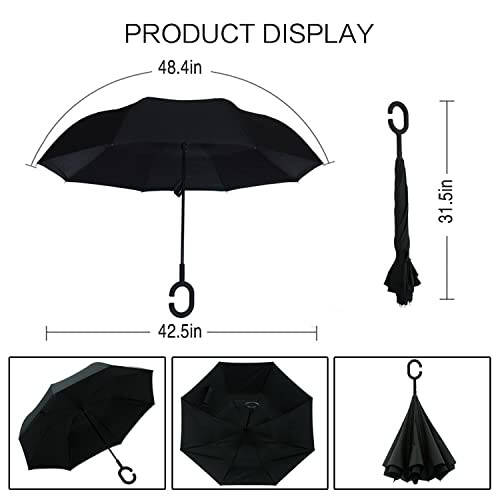 MRTLLOA 40/49/56 Inch Oversize Windproof Inverted Reverse Upside Down Umbrella, Golf Size Rain Umbrella, Double Layer, C-Shaped Handle for Men, Women and Kids(Black, 49 Inch) - 4