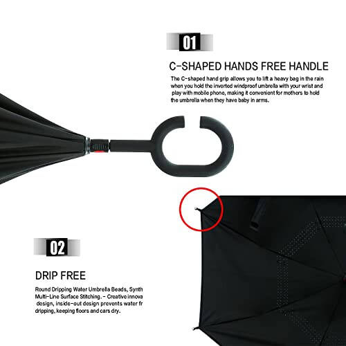 MRTLLOA 40/49/56 Inch Oversize Windproof Inverted Reverse Upside Down Umbrella, Golf Size Rain Umbrella, Double Layer, C-Shaped Handle for Men, Women and Kids(Black, 49 Inch) - 6