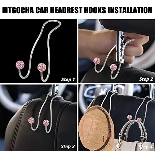 MTGOCHA Bling Purse Hook for Car Headrest, Upgraded Cute Car Seat Hooks for Bag Handbag, Durable Stainless Auto Purse Hanger Holder 2 Pack, Pink - 4