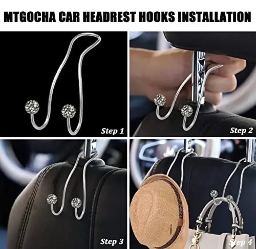 MTGOCHA Bling Purse Hook for Car Headrest, Upgraded Cute Car Seat Hooks for Bag Handbag, Durable Stainless Auto Purse Hanger Holder 2 Pack, Grey - 4