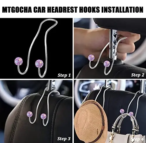 MTGOCHA Bling Purse Hook for Car Headrest, Upgraded Cute Car Seat Hooks for Bag Handbag, Durable Stainless Auto Purse Hanger Holder 2 Pack, Light Purple - 4