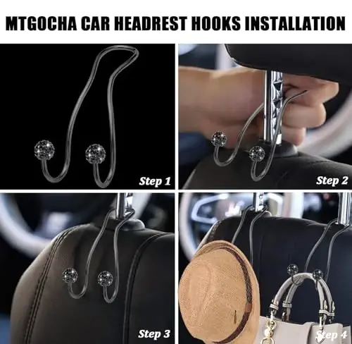 MTGOCHA Bling Purse Hook for Car Headrest, Upgraded Cute Car Seat Hooks for Bag Handbag, Durable Stainless Auto Purse Hanger Holder 2 Pack, All Black - 4