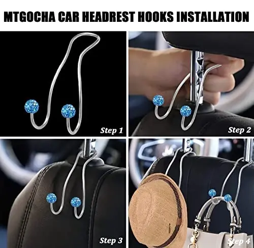 MTGOCHA Bling Purse Hook for Car Headrest, Upgraded Cute Car Seat Hooks for Bag Handbag, Durable Stainless Auto Purse Hanger Holder 2 Pack, Light Blue - 4