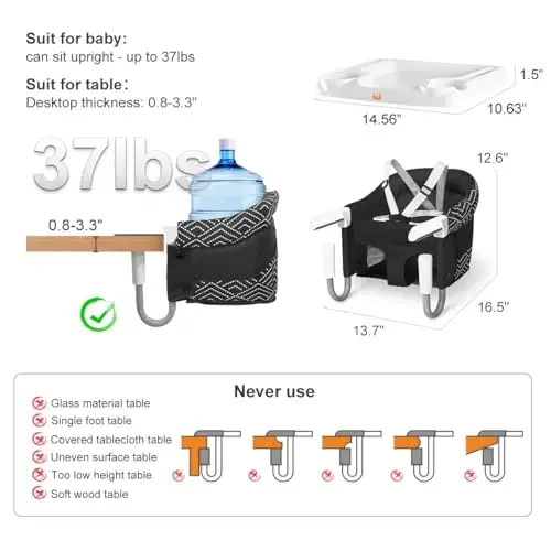 MTWML Hook On High Chair with Tray, Portable Baby High Chair That Attaches to Table, Clip On Fast Table High Chair for Babies and Toddlers. Baby Feeding Seat for Dining Table and Counter (Stripe-Black) - 4