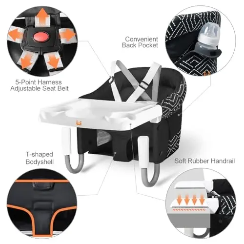 MTWML Hook On High Chair with Tray, Portable Baby High Chair That Attaches to Table, Clip On Fast Table High Chair for Babies and Toddlers. Baby Feeding Seat for Dining Table and Counter (Stripe-Black) - 5