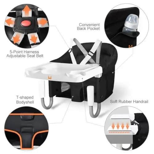 MTWML Hook On High Chair with Tray,Portable Baby High Chair That Attaches to Table,Clip On Fast Table Seat for Babies and Toddlers.Baby Feeding Seat for Dining Tables and Counter(Pure-Black) - 2