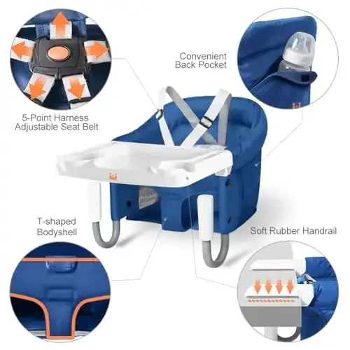 MTWML Hook On High Chair with Tray,Portable Baby High Chair That Attaches to Table,Clip On Fast Table Seat for Babies and Toddlers.Baby Feeding Seat for Dining Tables and Counter(Pure-Blue) - 2