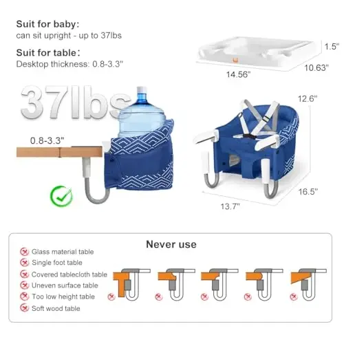 MTWML Hook On High Chair with Tray,Portable Baby High Chair That Attaches to Table,Clip On Fast Table Seat for Babies and Toddlers.Baby Feeding Seat for Dining Tables and Counter(Stripe-Blue) - 1