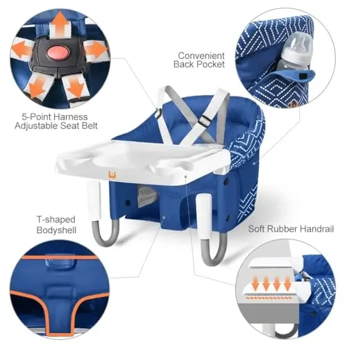 MTWML Hook On High Chair with Tray,Portable Baby High Chair That Attaches to Table,Clip On Fast Table Seat for Babies and Toddlers.Baby Feeding Seat for Dining Tables and Counter(Stripe-Blue) - 2