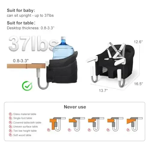 MTWML Portable High Chair for Table,Hook On High Chair That Attaches to Table,Space Saver Clip On Counter Seat for Baby,Easy Clean Baby Feeding Clamp Seat with Carry Bag for Travel(Pure-Black) - 5
