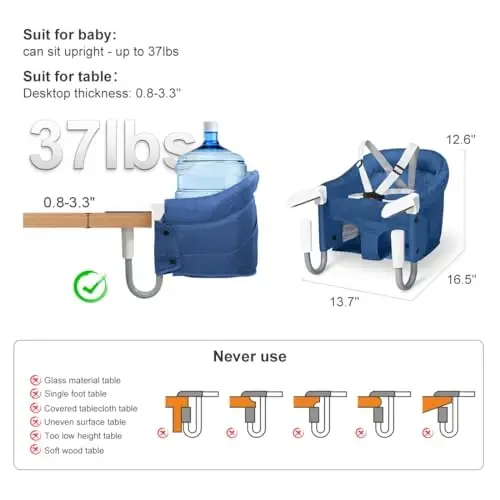 MTWML Portable High Chair for Table,Hook On High Chair That Attaches to Table,Space Saver Clip On Counter Seat for Baby,Easy Clean Baby Feeding Clamp Seat with Carry Bag for Travel(Pure-Blue) - 5